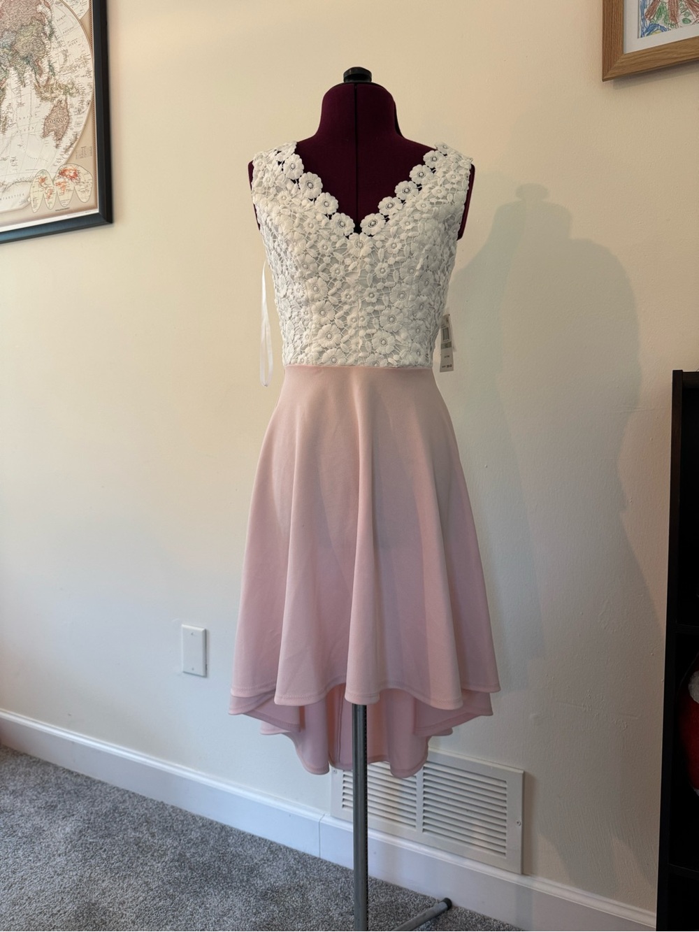 B Darlin White Floral Lace Bodice with Blush Pink High-Low Skirt NWT
